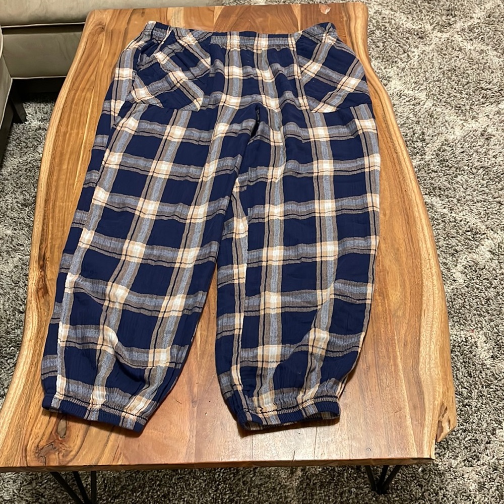 THICK PLAID NAVY BLUE AND TAN LOUNGE PANTS